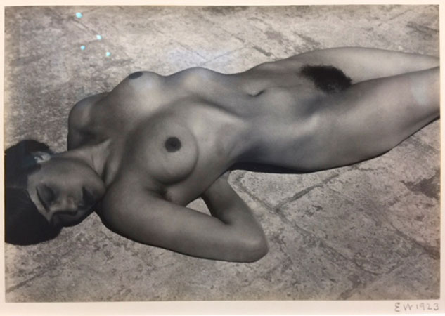 Edward Weston. Nude (Tina on the Azotea), 1923. Gelatin silver contact print, 6 5/8 x 9 3/8 in. Edwynn Houk Gallery. Photograph: Jill Spalding.