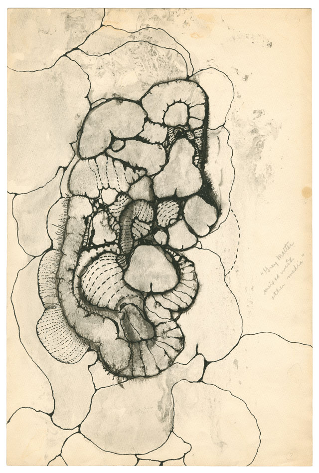 Ida Applebroog. Mercy Hospital, 1969. Ink and pencil on paper, 45.7 x 30.8 cm (18 x 12 1/8 in). © Ida Applebroog. Courtesy the artist and Hauser & Wirth. Photograph: Emily Poole.