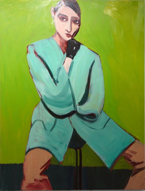 Chantal Joffe. Woman in a Blue Coat on Green, 2014. Oil on board on aluminum frame. 244 x 182.5 x 6 cm. Victoria Miro.