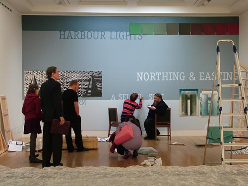 Arthur Watson. Northing and Easting. Installing the exhibition ‘The Sea’. Left to right: Michael Spens (Studio International), Colin Greenslade (RSA Programme Director), Janet McKenzie (Studio International), with David Maclean and Arthur Watson