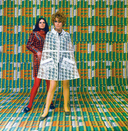 Models wearing coats designed by Lukowski + Ohanian with textile pattern by Thomas Bayrle, Galleria Apollinaire, Milan, 1967–68. Photograph: Christian Roeder.