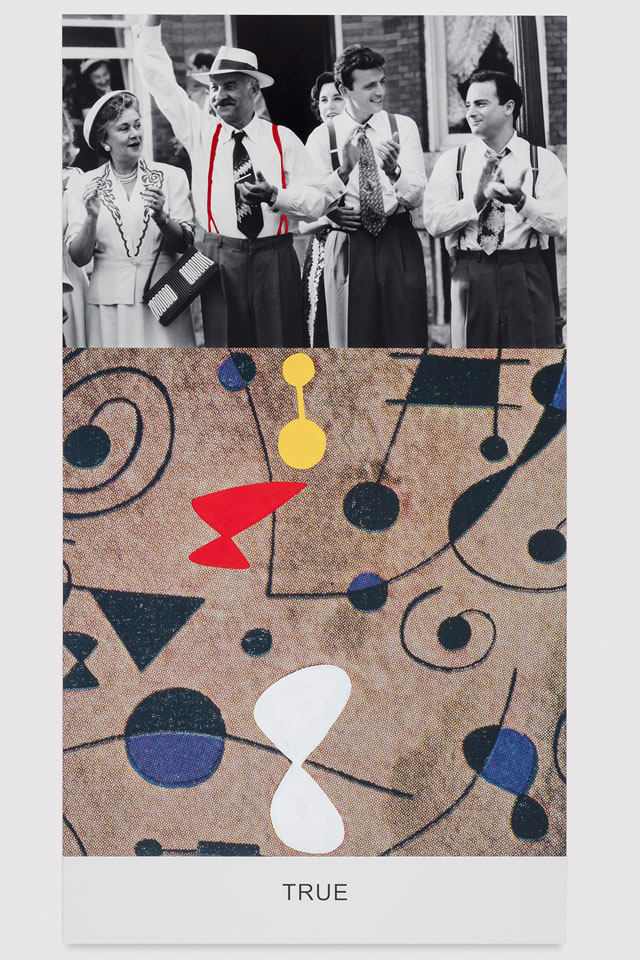 John Baldessari. Miró and Life in General: True, 2016 Varnished inkjet print on canvas with acrylic paint, 95 5/8 x 51 7/8 x 1 1/2 in. No. 19357. © John Baldessari, courtesy of the artist and Marian Goodman Gallery. Photograph: Joshua White.