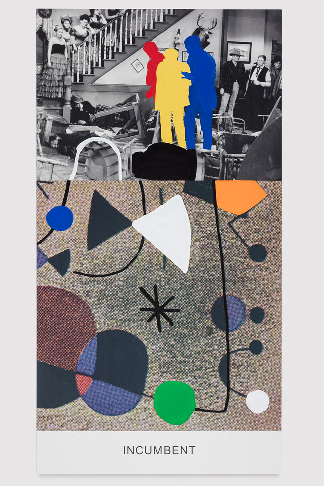 John Baldessari. Miró and Life in General: Incumbent, 2016 Varnished inkjet print on canvas with acrylic paint, 95 7/8 x 50 1/2 x 1 1/2 in. No. 19361. © John Baldessari, courtesy of the artist and Marian Goodman Gallery. Photograph: Joshua White.