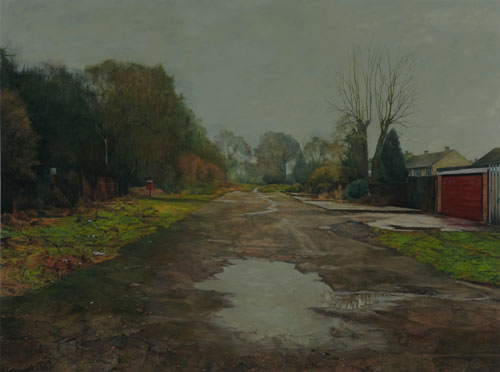 George Shaw. The Blocked Drain, 2010. Humbrol enamel on board, 147.5 x 198 x 5 cm. Copyright the artist, courtesy the artist and Wilkinson Gallery.