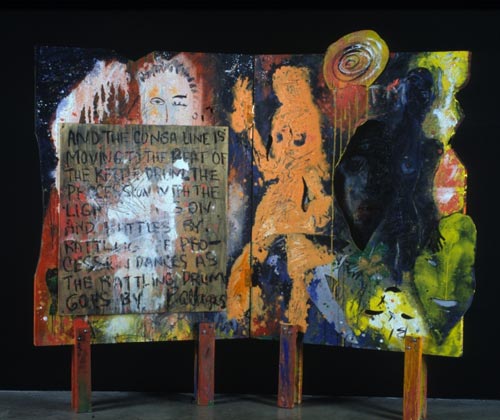 <em>As She Dances And Whirls</em>, 1996. H. 5‚ x W. 6‚ Acrylic, oil, collage, oil sticks and paper mache on wood screen © Carlos Ortiz