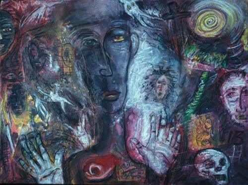 <em>Spirit Voices</em>, 1994. 48x36 inches. Acrylic and oil on canvas - mounted on masonite © Carlos Ortiz