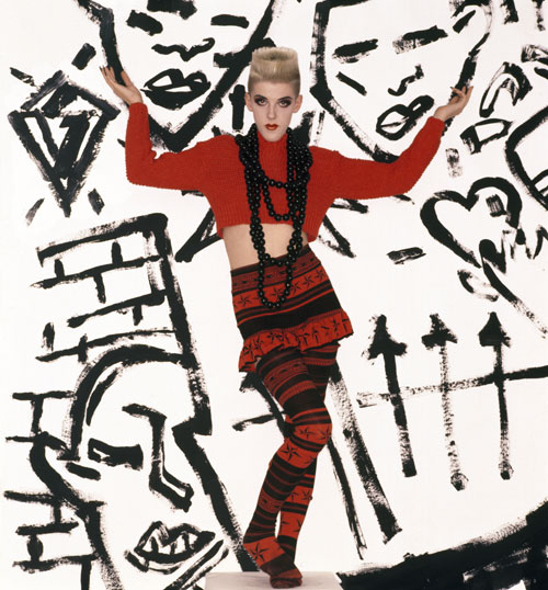 Bodymap, A/W 1984, Cat in the hat takes a rumble with a techno fish. Model: Scarlett Cannon, 1985. © Monica Curtin.
