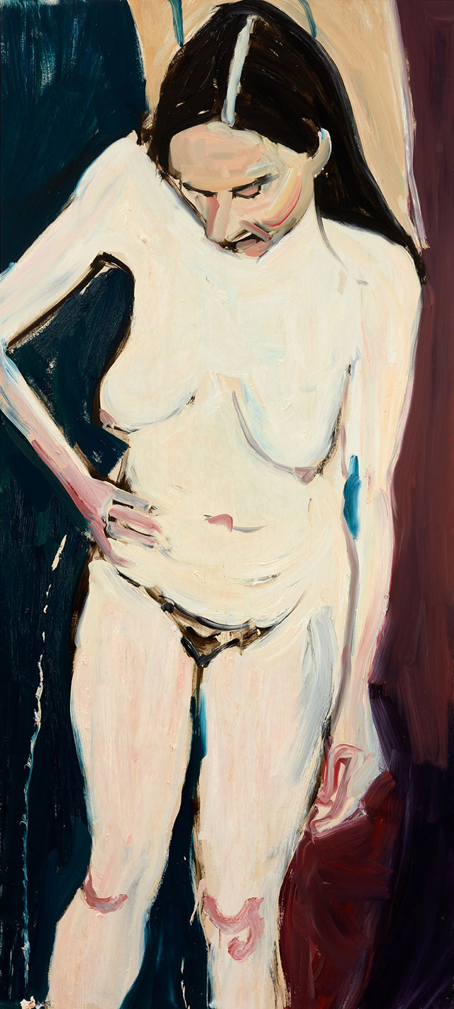 Chantal Joffe. Self-Portrait with Hand on Hip, 2016. Oil on board, 201.6 x 90 x 6 cm. © Chantal Joffe, courtesy the artist and Victoria Miro, London.