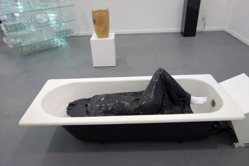 Penny Slinger. Bride in the Bath II, 1969/2013. Life-cast based assemblage sculpture - fibreglass, silk, resin and bathtub, 67 x 29 x 24 in. Broadway 1602, NY.