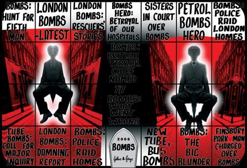 Gilbert & George. <em>Bombs</em> 2006. Courtesy Jay Jopling/White Cube, London © Copyright the artist 336 x 493 cm