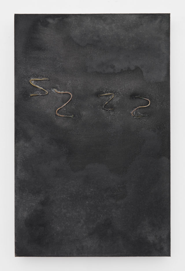 Jay Heikes. Zs, 2016. Salt, steel wire, ink, canvas, foam, wood,
22 x 17 x 2 in (55.9 x 43.2 x 5.1 cm). Courtesy of the artist and Marianne Boesky Gallery, New York and Aspen. © Jay Heikes. Photograph: Jason Wyche.