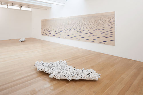 Foreground: Tania Kovats. Sea Mark, 2014. Background: Reef 1 and Reef 2. Glazed ceramic tiles on board. Courtesy the artist. Photograph: Ruth Clark.