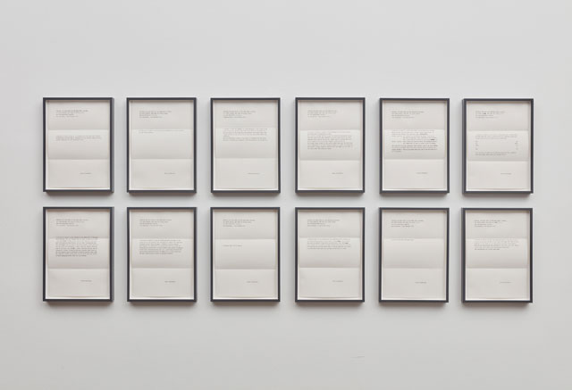 Peter Liversidge. Proposals for the Sean Kelly Gallery, 2016. A unique set of twelve framed typewritten proposals, paper: 11 3/4 x 8 1/4 in (29.8 x 21 cm) each; overall: 26 1/2 x 67 in (67.3 x 170.2 cm). © Peter Liversidge. Photograph: Jason Wyche, New York. Courtesy: Sean Kelly, New York.