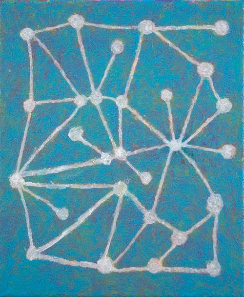Abigail McLellan. Molecules On Blue, 2009. Acrylic on canvas, 30 x 25 cm.