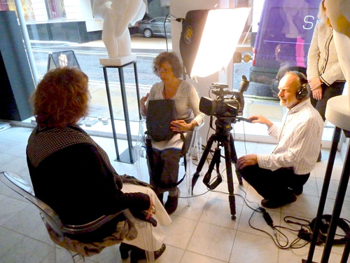 Left to right: Helaine Blumenfeld, Susan Steinberg and David Chilton filming at Helaine's exhibition at Bowman Sculpture Gallery. Photographer: Raphaella Fearns, 2013.