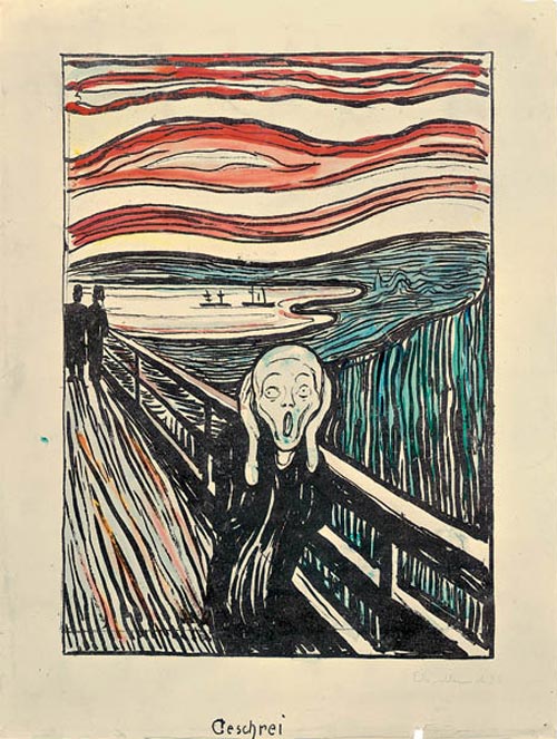 Edvard Munch. <em>The Scream</em>, 1895. Lithograph with watercolor additions. Comp: 13 15/16 x 9 13/16 in (35.2 x 25 cm); Sheet: 17 x 12 13/16 in (43.2 x 32.5 cm). Munch Museum, Oslo (c) 2006 The Munch Museum/The Munch-Ellingsen Group/Artists Rights Society (ARS), New York.
