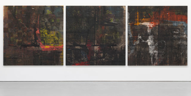 Oscar Murillo. out of many, one people, 2015-2016. Oil, oil stick, and graphite on canvas and linen, each canvas 78 3/4 x 78 3/4 in (200 x 200 cm). Courtesy the artist and David Zwirner, New York/London.