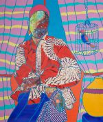 Ajarb Bernard Ategwa, Posing with my Parrot, 2021. Acrylic on canvas, 237 x 199 cm. Private collection, USA. © Ajarb Bernard Ategwa / Jack Bell Gallery.