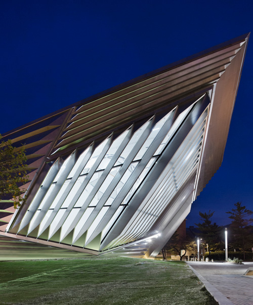 The Eli and Edythe Broad Art Museum at Michigan State University, designed by Zaha Hadid. Exterior view (2). Photograph: Paul Warchol.
