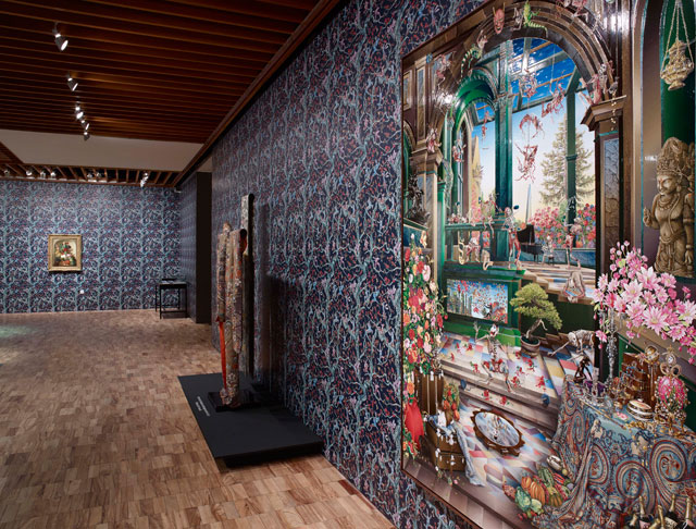 Raqib Shaw, installation view, the Whitworth Manchester, 2017. Foreground: Self-portrait in the Studio at Peckham (After Steenwyck the Younger) II, 2014-15.