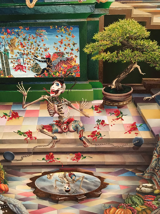 Raqib Shaw. Detail of Self-portrait in the Studio at Peckham (this is how Shaw depicts himself, part clown, part skeleton), 2014-15. Photograph: Veronica Simpson.