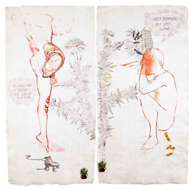 Mithu Sen. Black Candy (iforgotmypenisathome), 2009/2010. You Owe Me! Mixed media on handmade paper, diptych, 84 x 8 in. 2009.