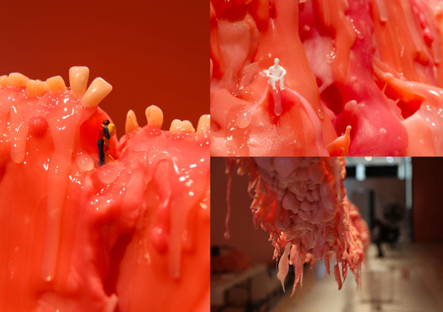 Mithu Sen. Border Unseen, 2014. Installation view, Eli and Edythe Broad Art Museum, USA. False teeth and dental polymer sculpture suspended from the ceiling to the gallery floor, 84 feet. Courtesy Eli and Edythe Broad Art Museum, USA.