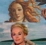 Der zweite Blick/A Second Look. Top: Botticelli's The Birth of Venus, 1486 (detail). Below: Film still from The Birds (1963) by Alfred Hitchcock with Melanie Daniels (Tippi Hedren).