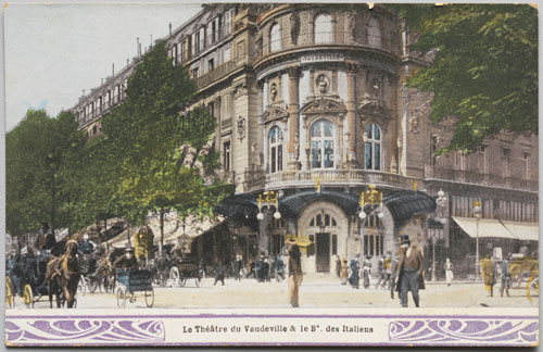 Postcard of the Théâtre du Vaudeville and the Boulevard des Italiens, c1905. Hand-coloured photograph. Private collection. Photograph: Bruce White.