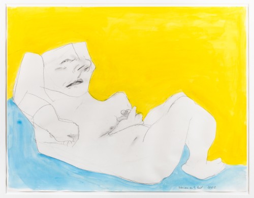 Maria Lassnig. Woman in the Bed, 2002. Pencil and watercolour on paper, 50.2 × 64.1 cm.