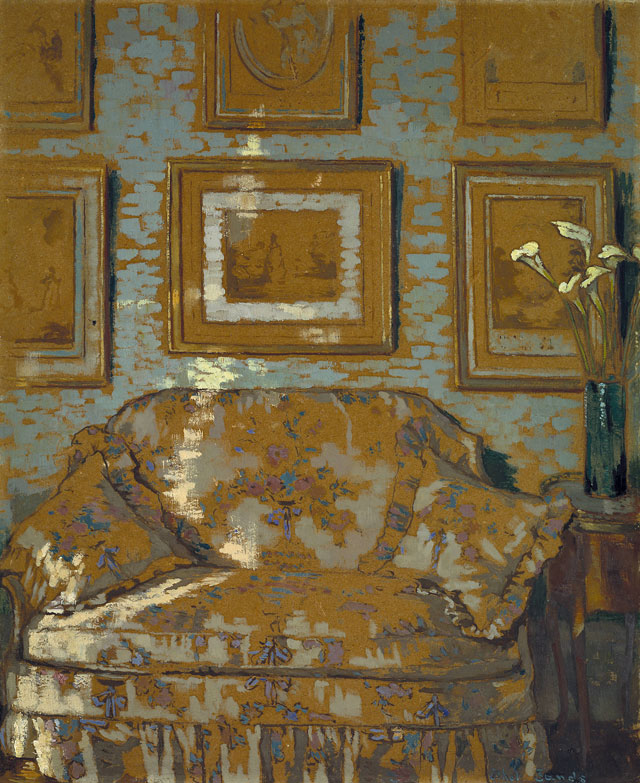 Ethel Sands. The Chintz Couch, c1910-1. Oil paint on board, 46.5 x 38.5 cm. © The estate of Ethel Sands.