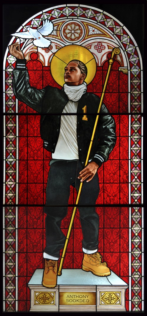 Kehinde Wiley. Saint Remi, 2014. Stained glass, 96 x 43 in (243.8 x 110.5 cm). Courtesy of Galerie Daniel Templon, Paris. © Kehinde Wiley.