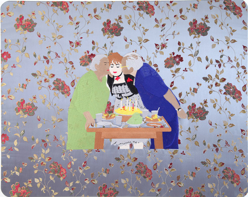 Raed Yassin. Another Birthday (Dancing Smoking Kissing Series), 2013. Silk thread embroidery on embroidered silk cloth, 80 x 100 cm. Kalfayan Galleries. Photograph courtesy of Kalfayan Galleries, Athens, Thessaloniki.